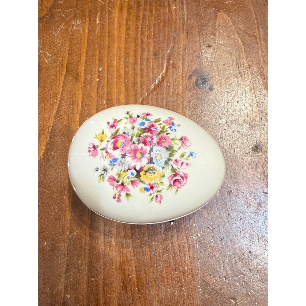 Trina Vintage Floral Ceramic Egg Pomander Trinket Box Made in Japan Cream Pink